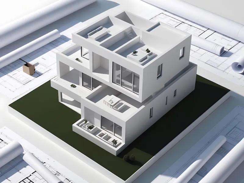 Maqueta arquitectónica 3D de una casa moderna sobre planos de construcción