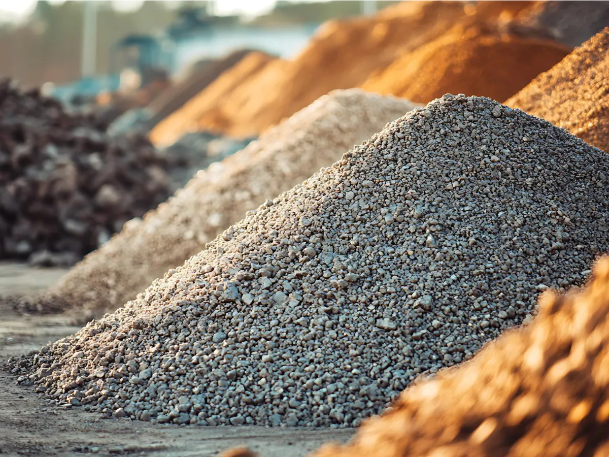 Close view of a gray gravel pile beside stockpiles of sand and darker stone